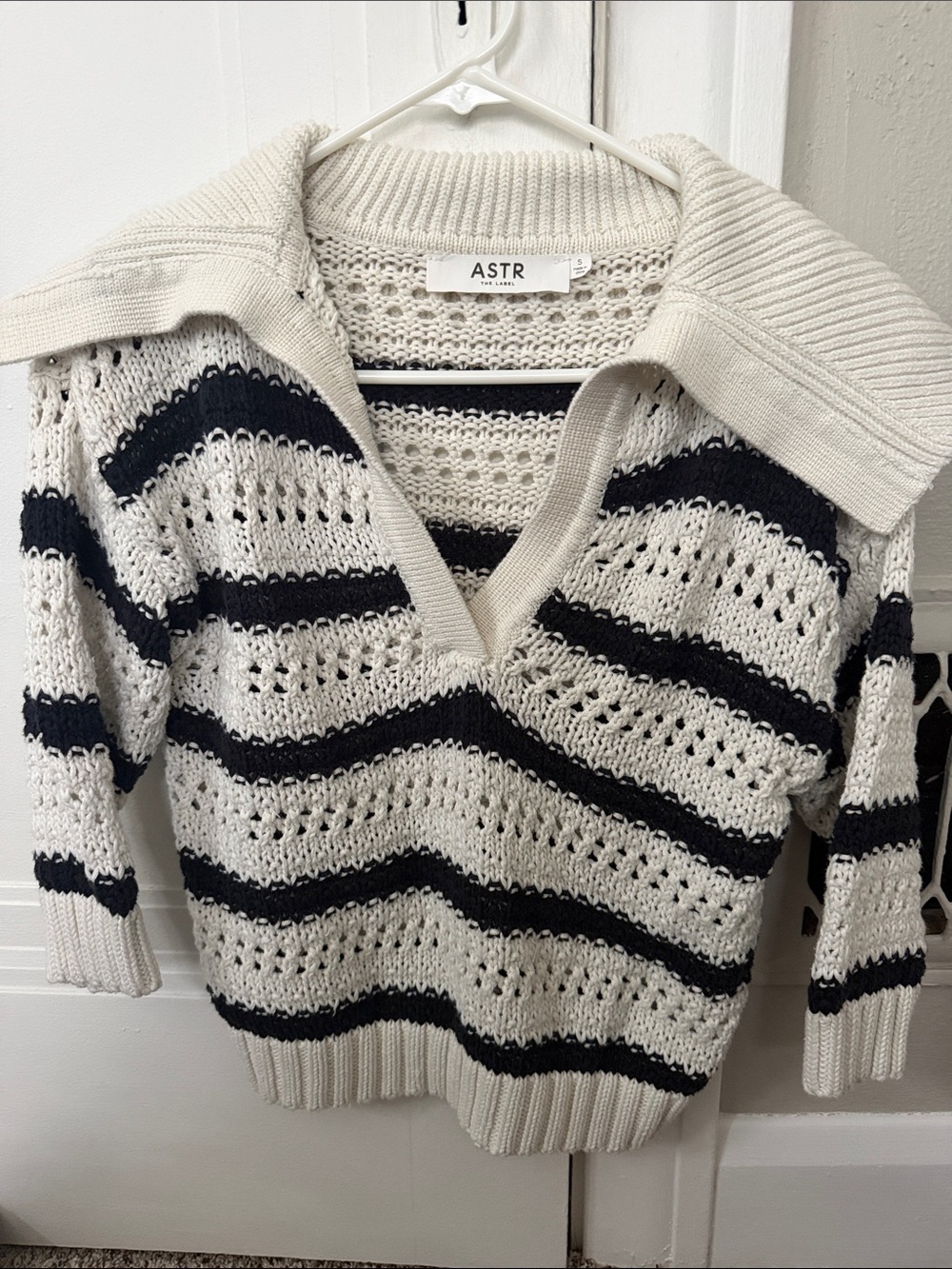 ASTR Striped Open-Knit V-Neck Sweater in Cream and Black